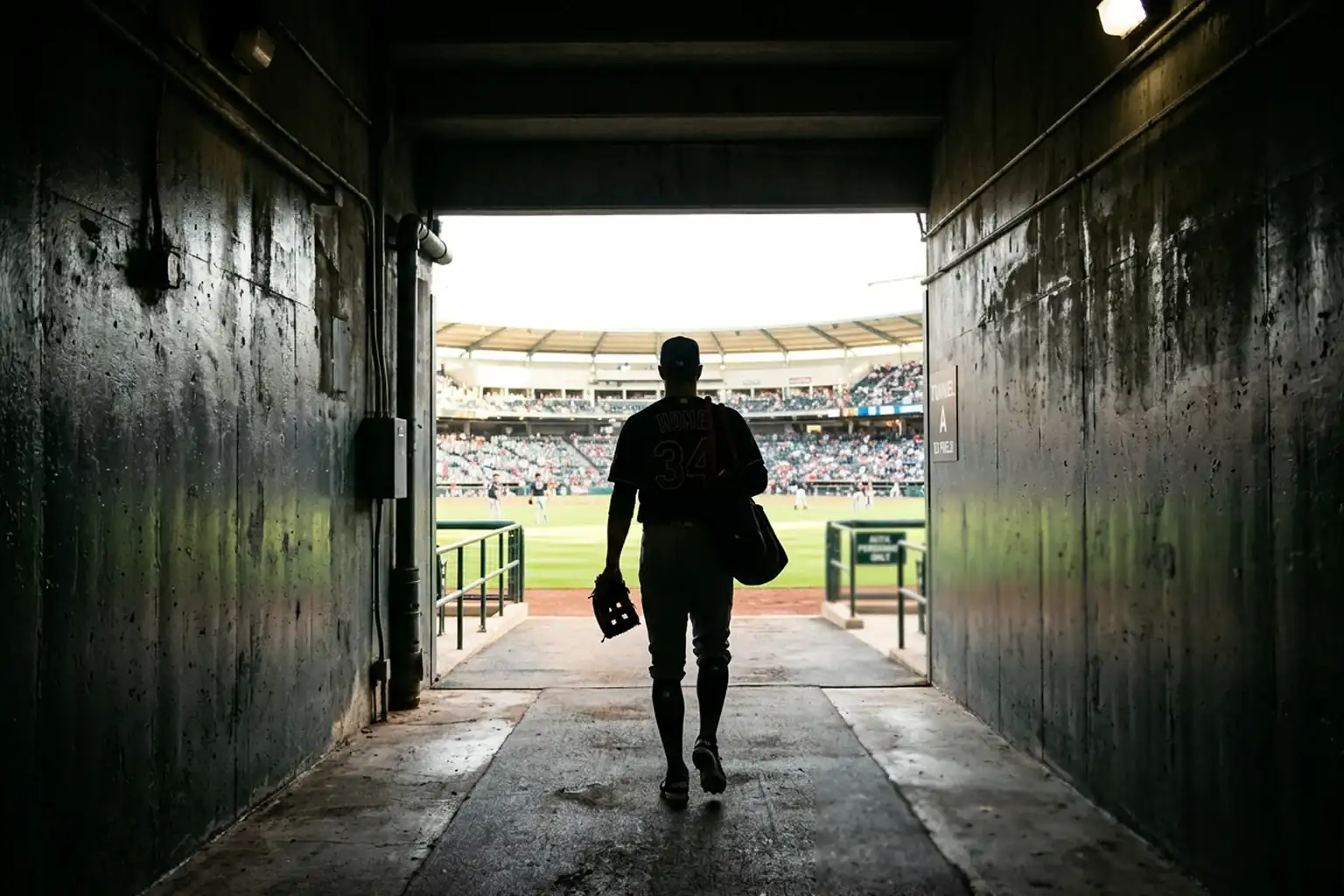 Baseball player walking alone through a tunnel toward the field with stadium crowd visible ahead