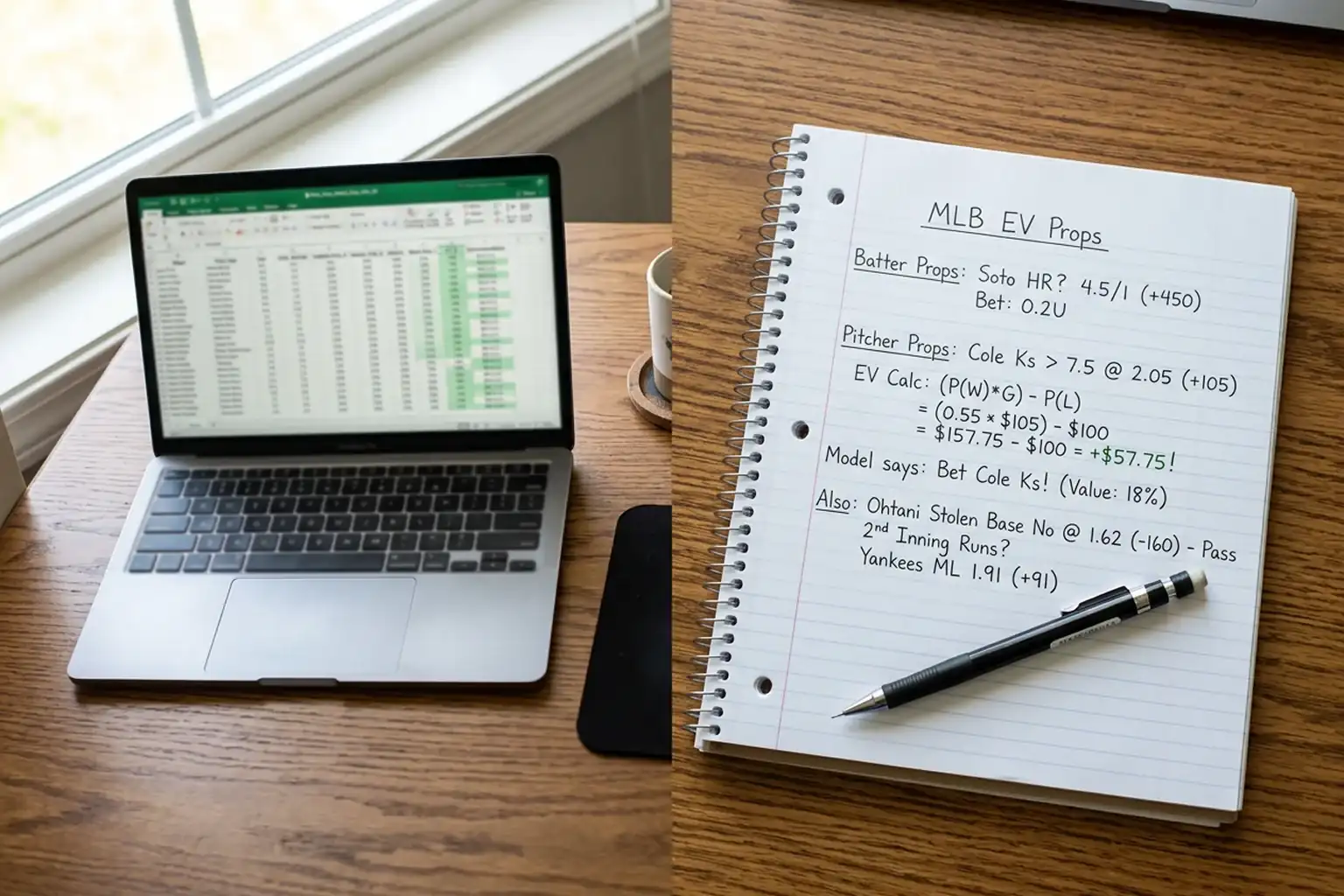 Notebook with handwritten baseball statistics and a pencil resting beside a laptop showing a spreadsheet
