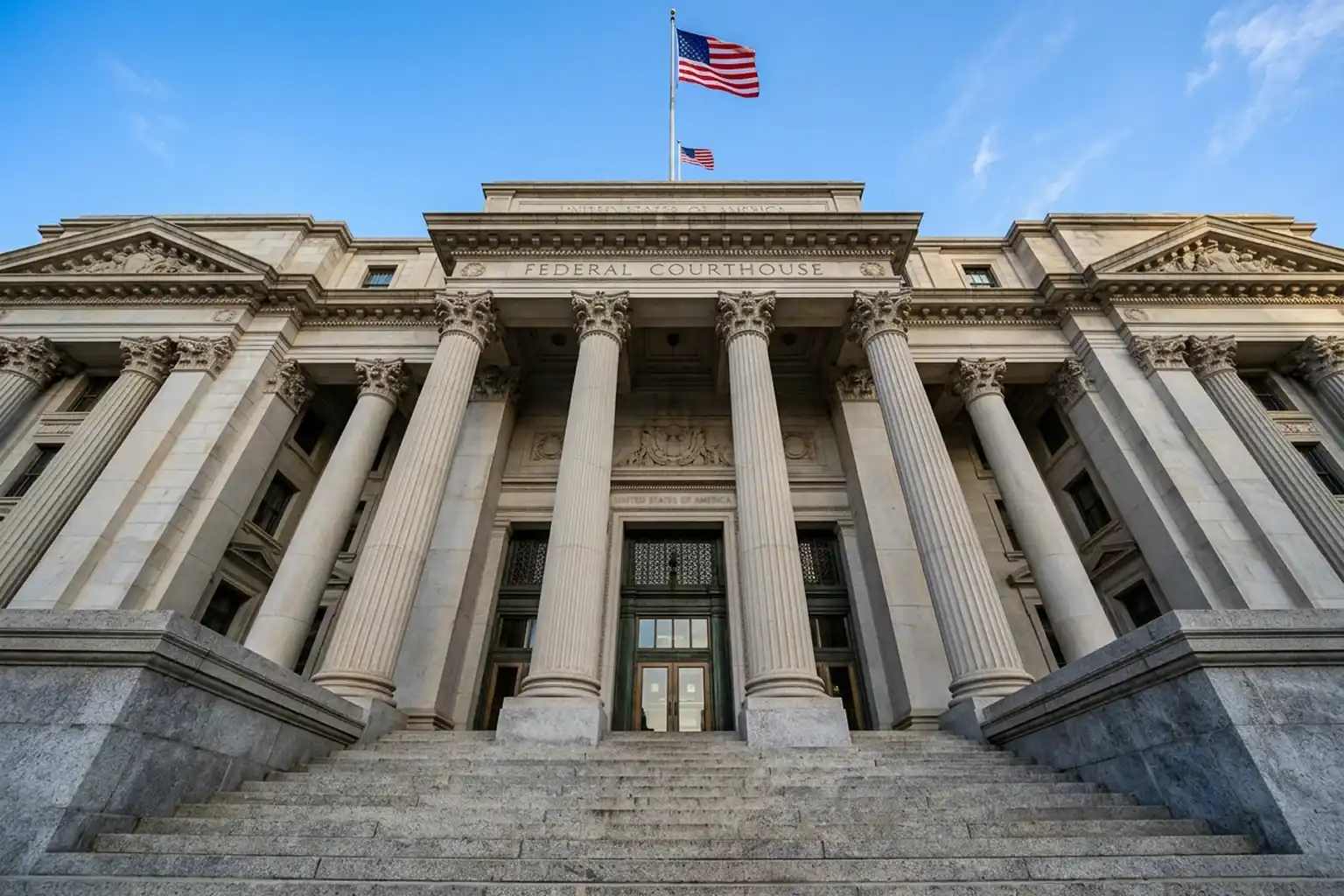 Federal courthouse entrance with stone columns and steps viewed from below against a clear sky