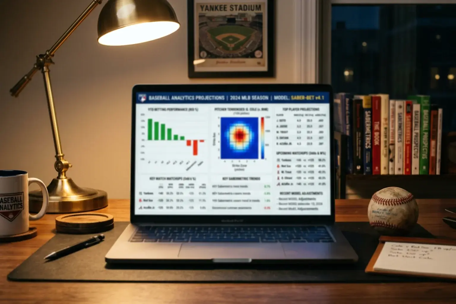 Laptop screen displaying a baseball data dashboard with charts and player statistics in a home office
