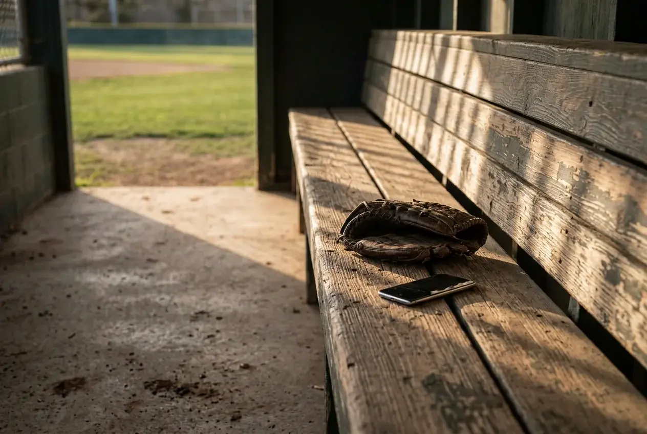 Empty baseball dugout with a scoreboard in the background showing a long game history, evoking a century of gambling scandals in MLB