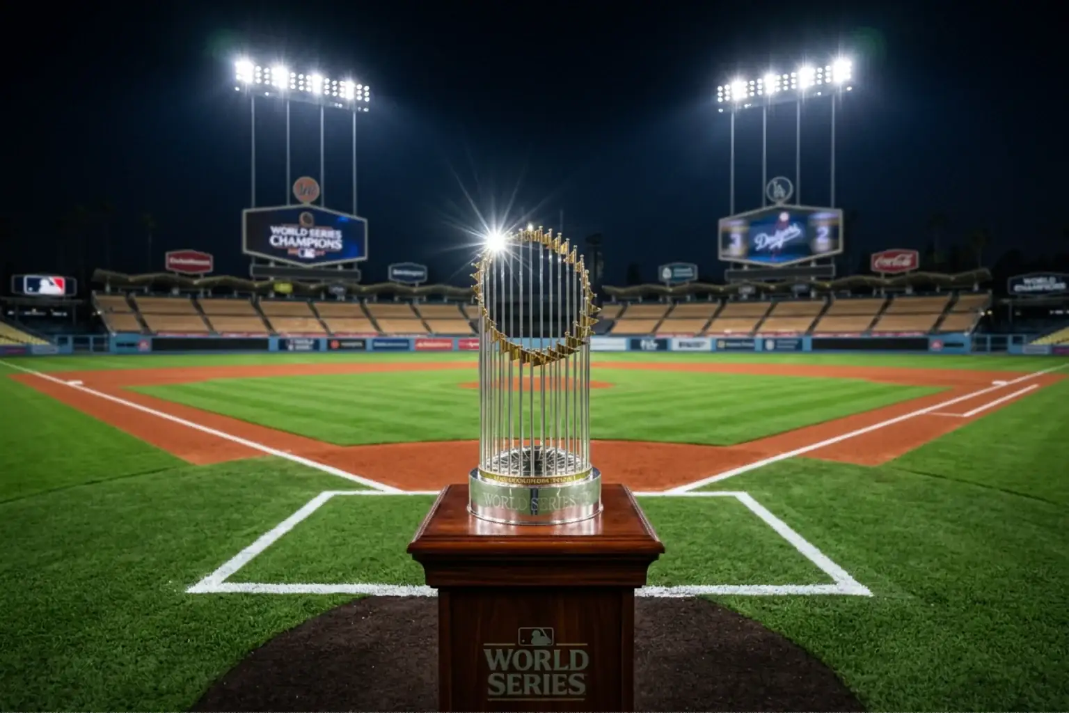 Championship trophy on a pedestal at the center of a baseball diamond under bright stadium lights