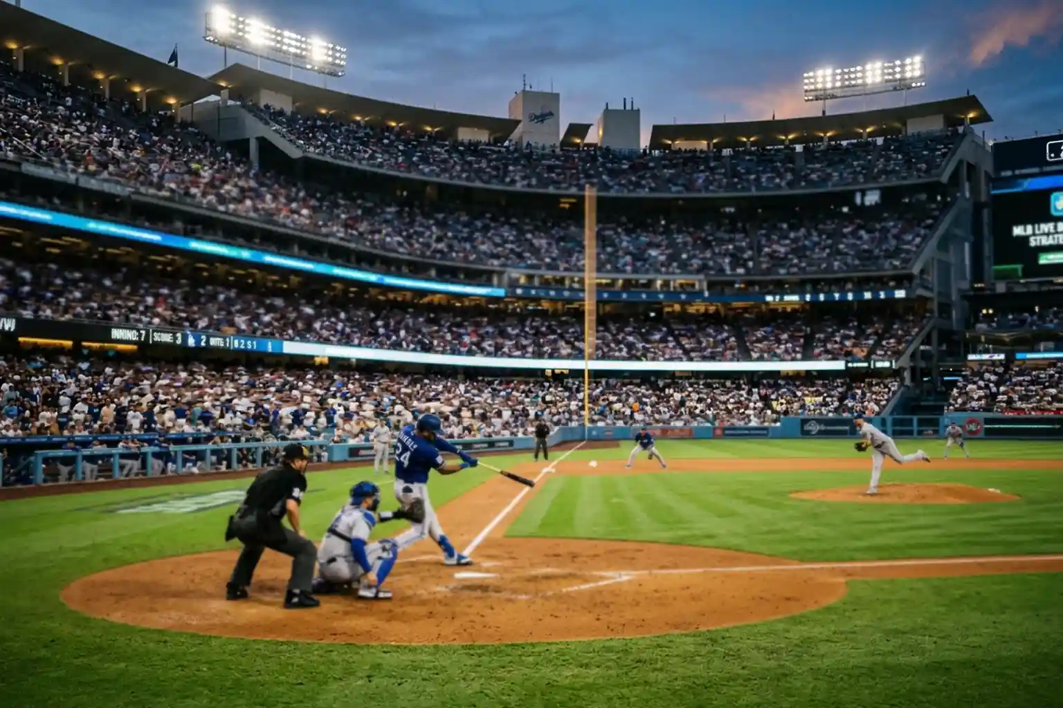 Baseball game in progress with a batter at the plate and runners on base under evening stadium lights