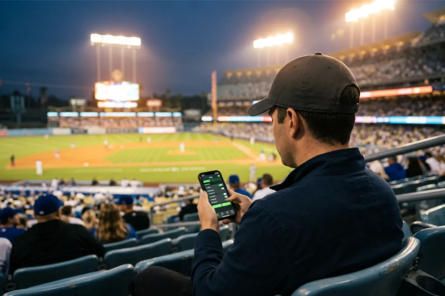 Close-up of a fan holding a smartphone showing a baseball player prop bet screen while seated in a stadium with the field visible behind