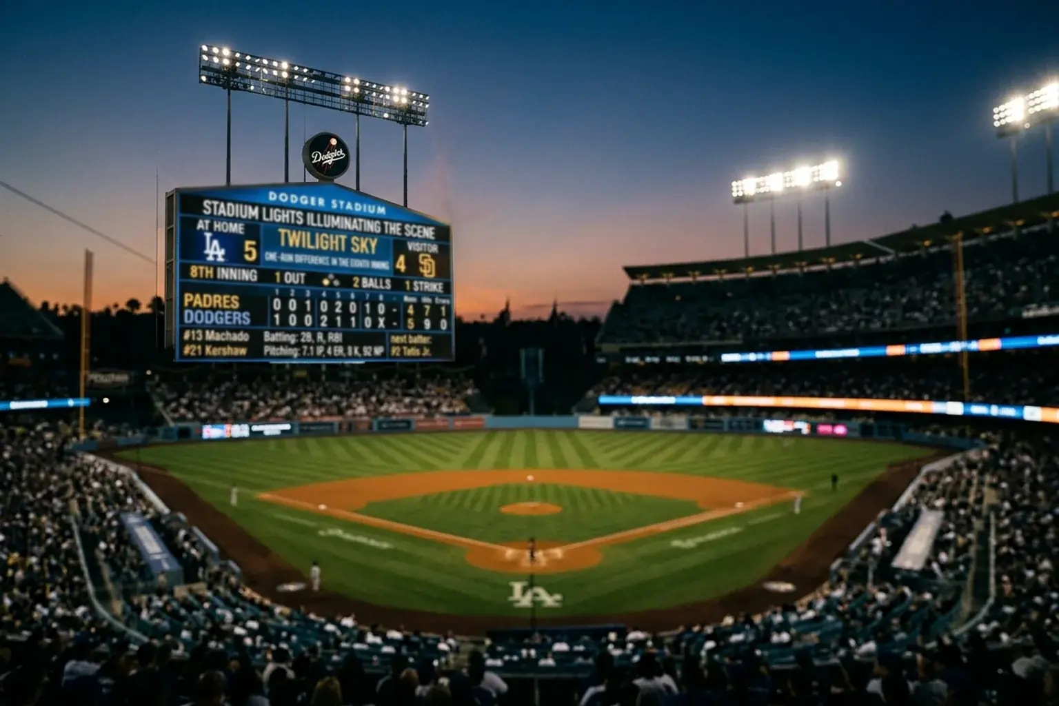 Scoreboard at a baseball stadium showing a close game with a one-run difference in the late innings