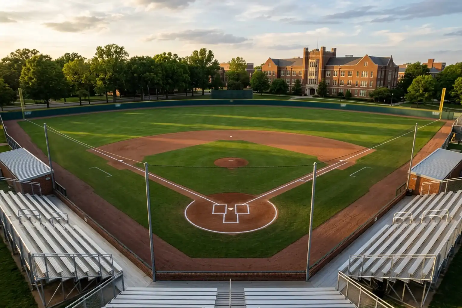 College baseball diamond viewed from behind home plate with bleachers and a campus building in the background